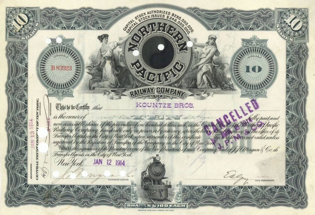 Northern Pacific Railway Co. - 1914 dated Railroad Stock Certificate