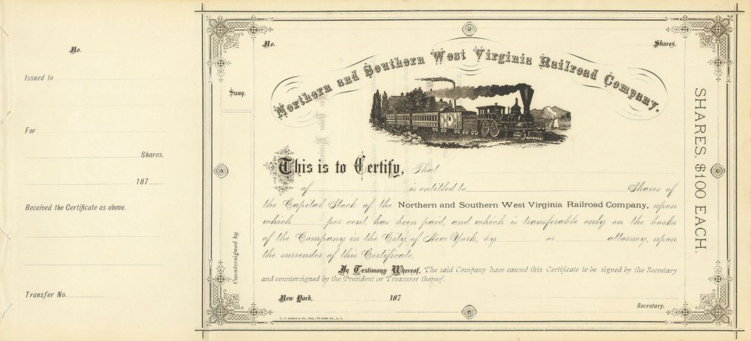 Northern and Southern West Virginia Railroad - Stock Certificate