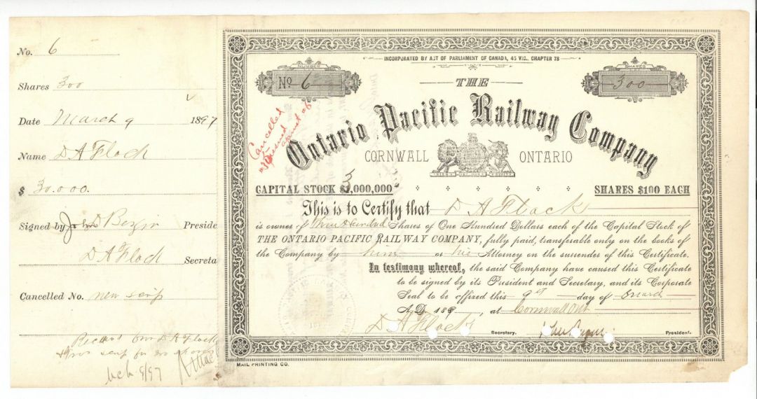 Ontario Pacific Railway Co. - Stock Certificate