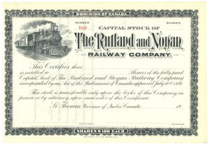 Rutland and Noyan Railway - Unissued Vermont & Canada Railroad Stock Certificate - Canada and Vermont