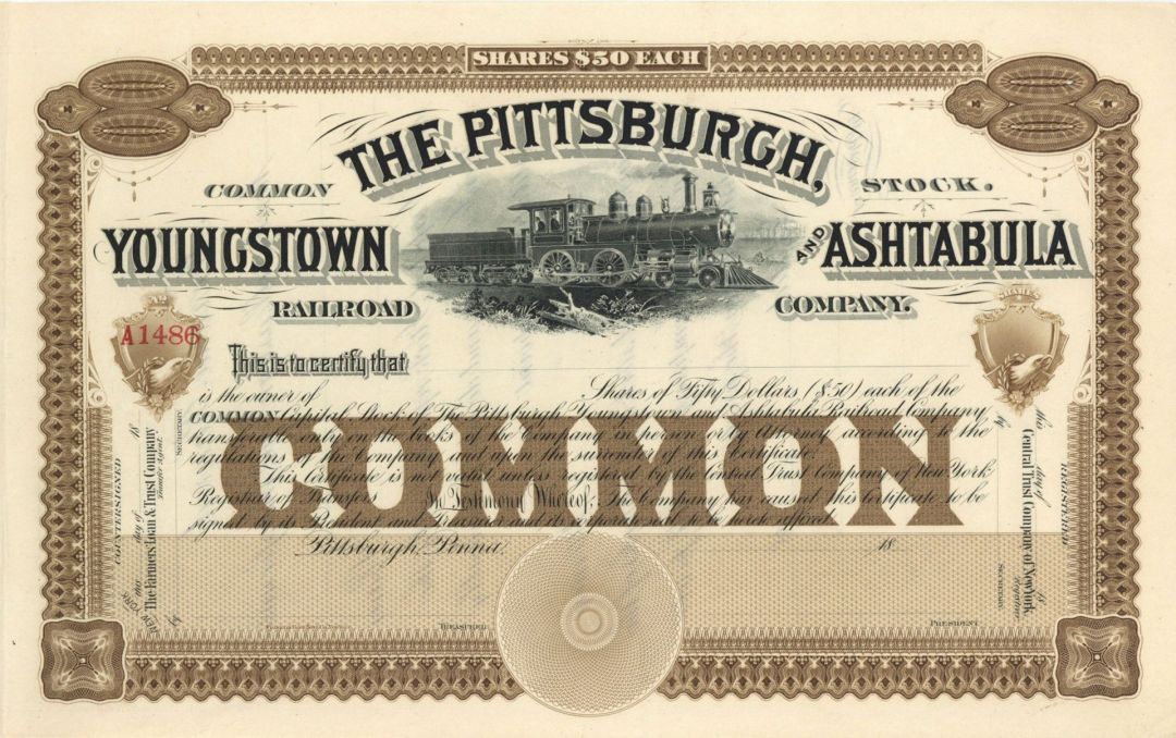 Pittsburgh, Youngstown and Ashtabula Railroad Co. - Unissued Stock Certificate