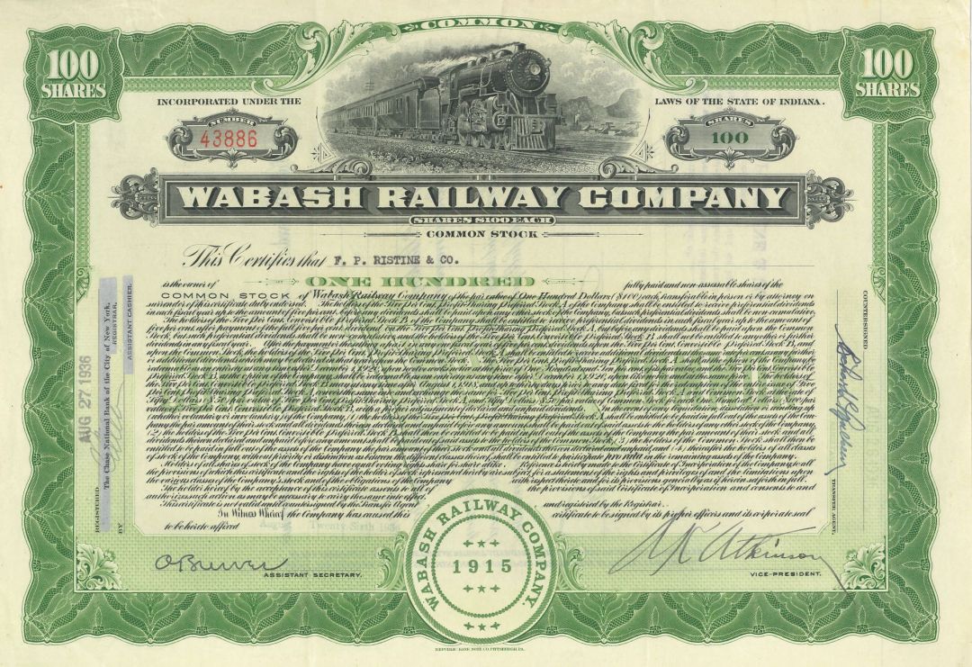 Wabash Railway Co. - 1918-1938 dated Indiana Railroad Stock Certificate