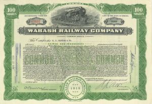 Wabash Railway Co. - 1918-1938 dated Indiana Railroad Stock Certificate