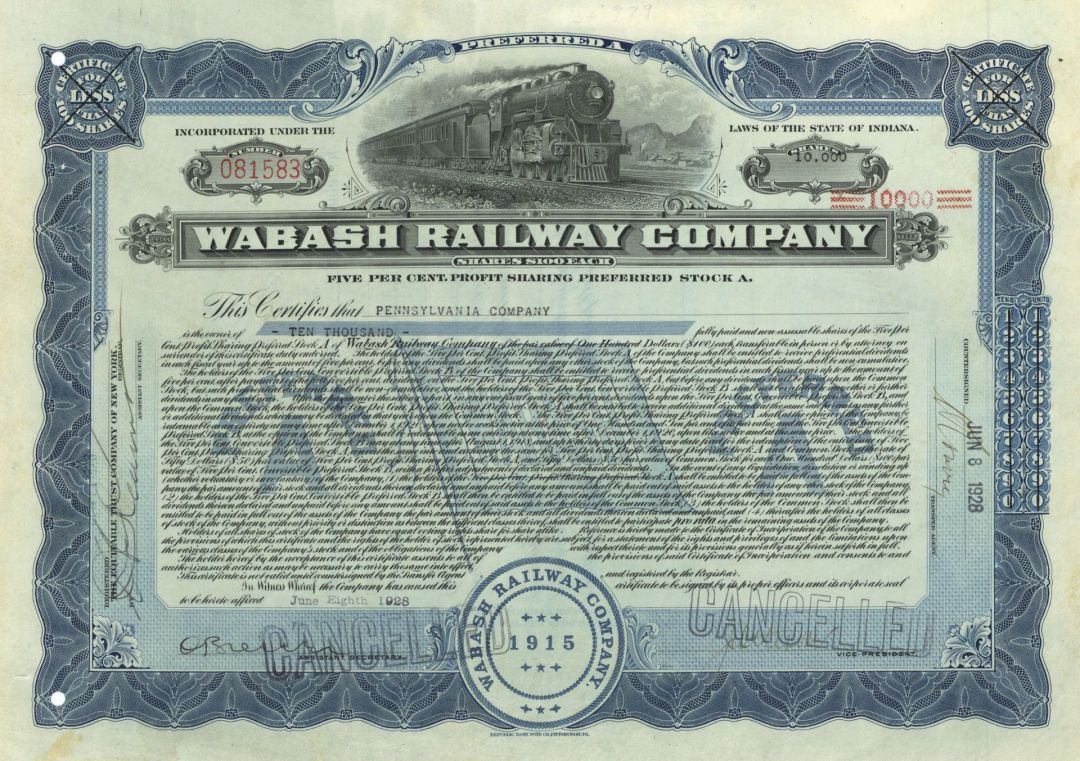 Wabash Railway Co. - 1918-1938 dated Indiana Railroad Stock Certificate