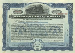 Wabash Railway Co. - 1918-1938 dated Indiana Railroad Stock Certificate