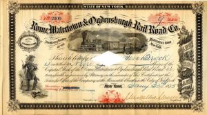 Rome, Watertown and Ogdensburgh Rail Road Co. - 1875 dated Partially Issued Stock Certificate
