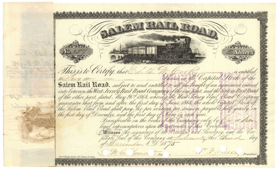 Salem Railroad - 1864 dated New Jersey Railway Stock Certificate