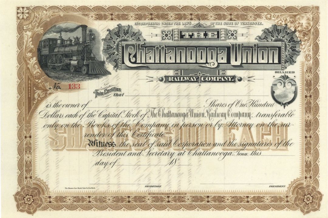 Chattanooga Union Railway Co. - circa 1880's Unissued Railroad Stock Certificate