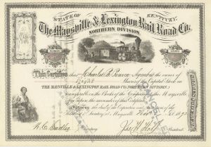 Maysville and Lexington Railroad - 1872 dated Kentucky Railway Stock Certificate