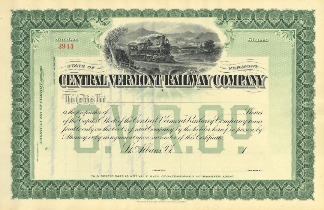 Central Vermont Railway Co. - Vermont Unissued Railroad Stock Certificate