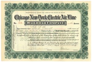 Chicago-New York Electric Air Line Railroad Co. - 1908 dated Railway Stock Certificate - Very Important in Railroad History