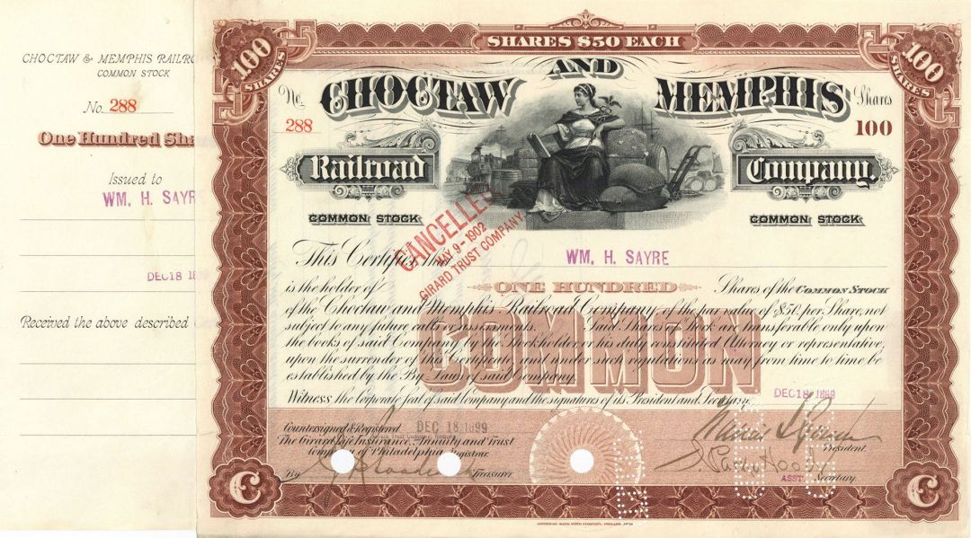 Choctaw and Memphis Railroad Co. - Stock Certificate
