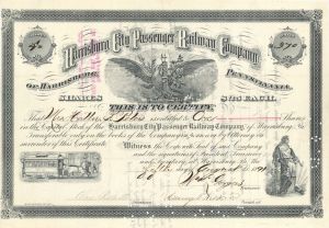 Harrisburg City Passenger Railway Co. - 1891 dated Stock Certificate