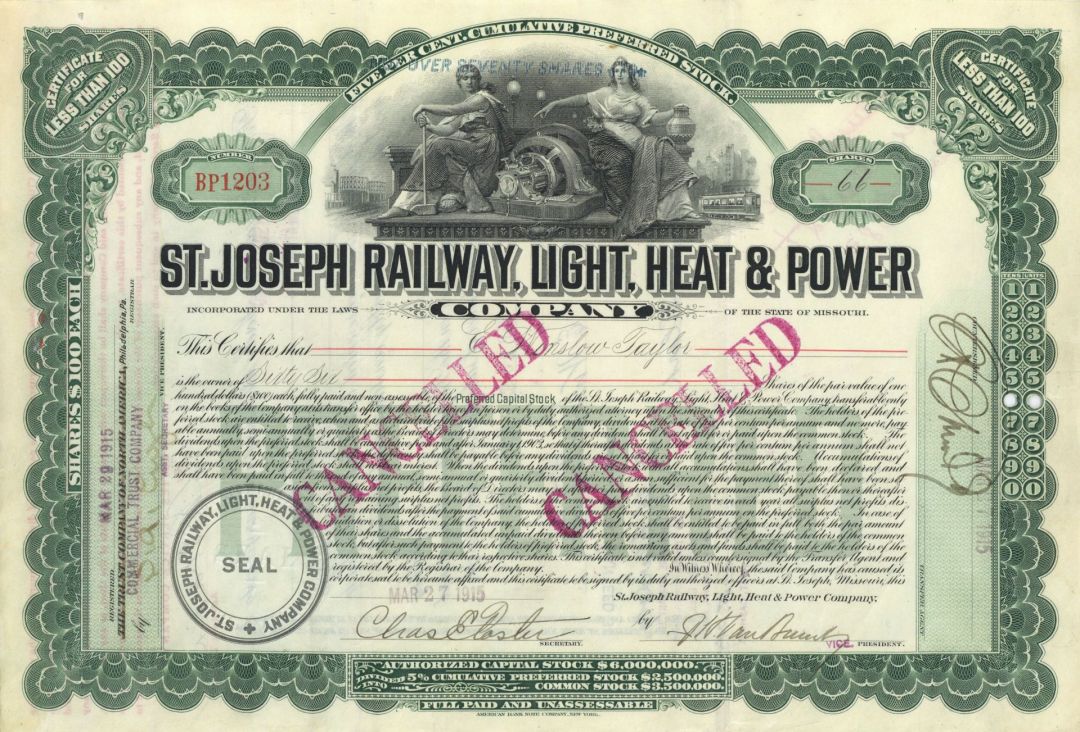 St. Joseph Railway, Light, Heat and Power Co. - Railroad Stock Certificate