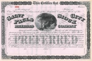 Saint Paul & Sioux Railroad - circa 1880's Unissued Railway Stock Certificate - Minnesota and Iowa