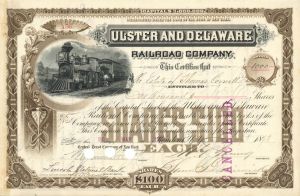 Ulster and Delaware Railroad Co. - Fully Issued for 1,000 Shares for the Estate of Thomas Cornell - 1893 dated Railway Stock Certificate