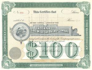 Indiana and Lake Michigan Railway Co. - circa 1880's Unissued Indiana Railroad Stock Certificate