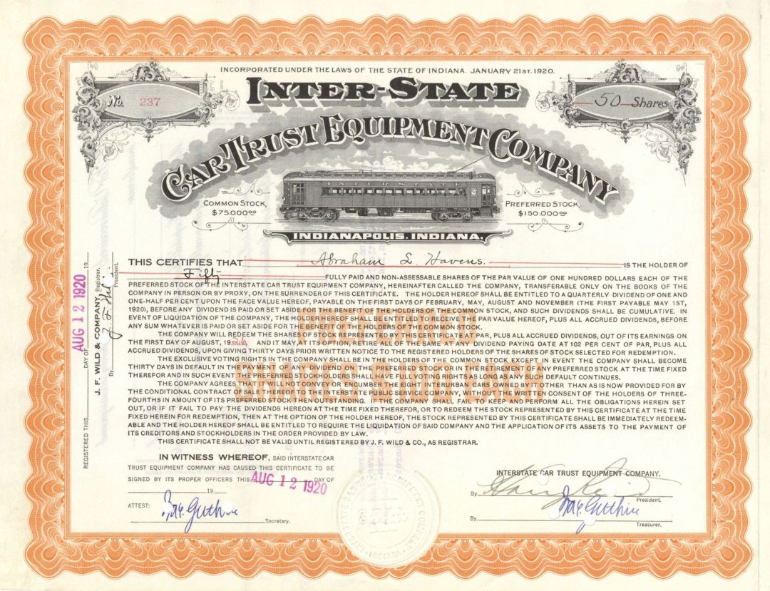 Inter-State Car Trust Equipment Co. - 1920-1925 dated Stock Certificate