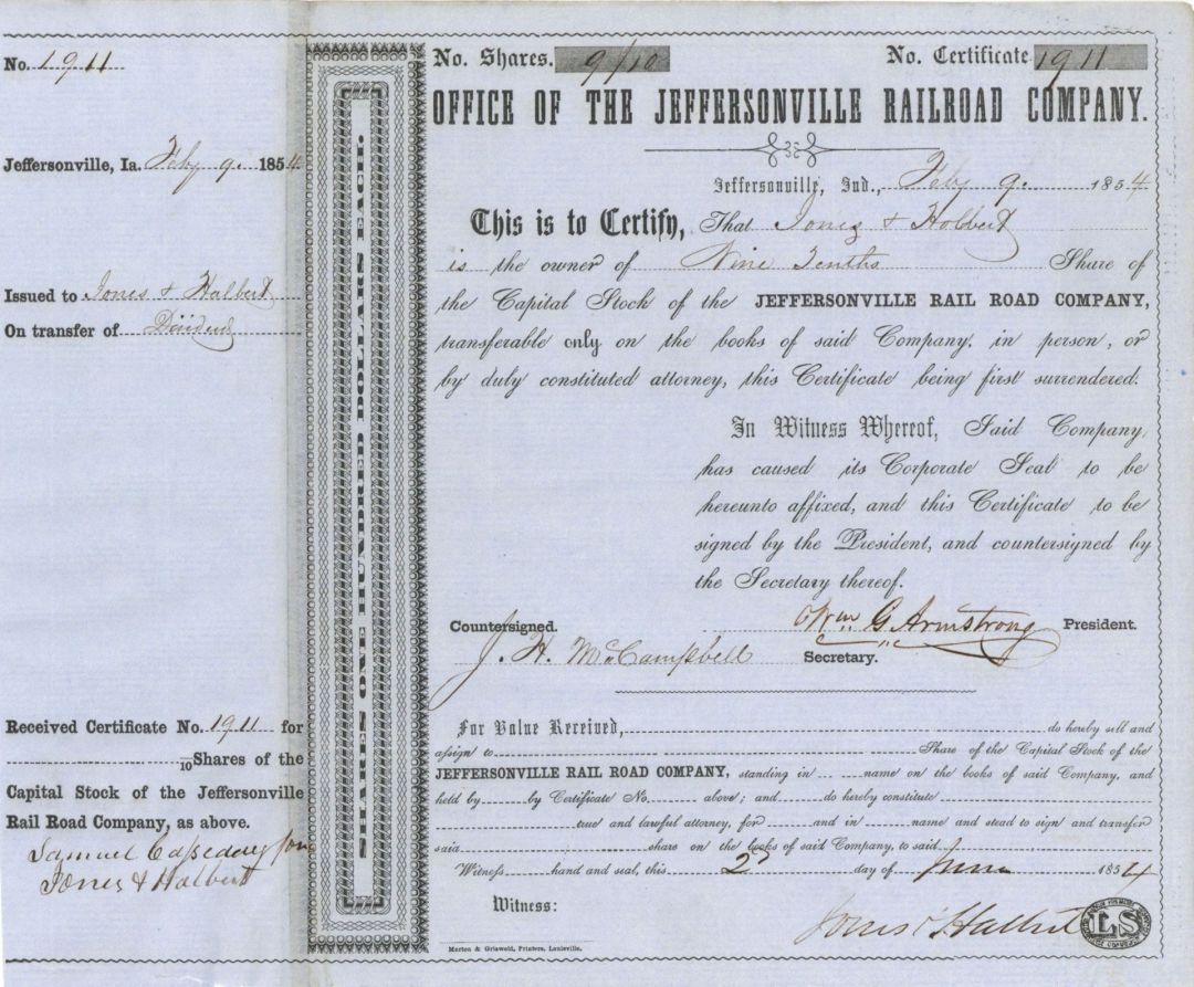 Jeffersonville Railroad Co. - 1854-1856 dated Stock Certificate