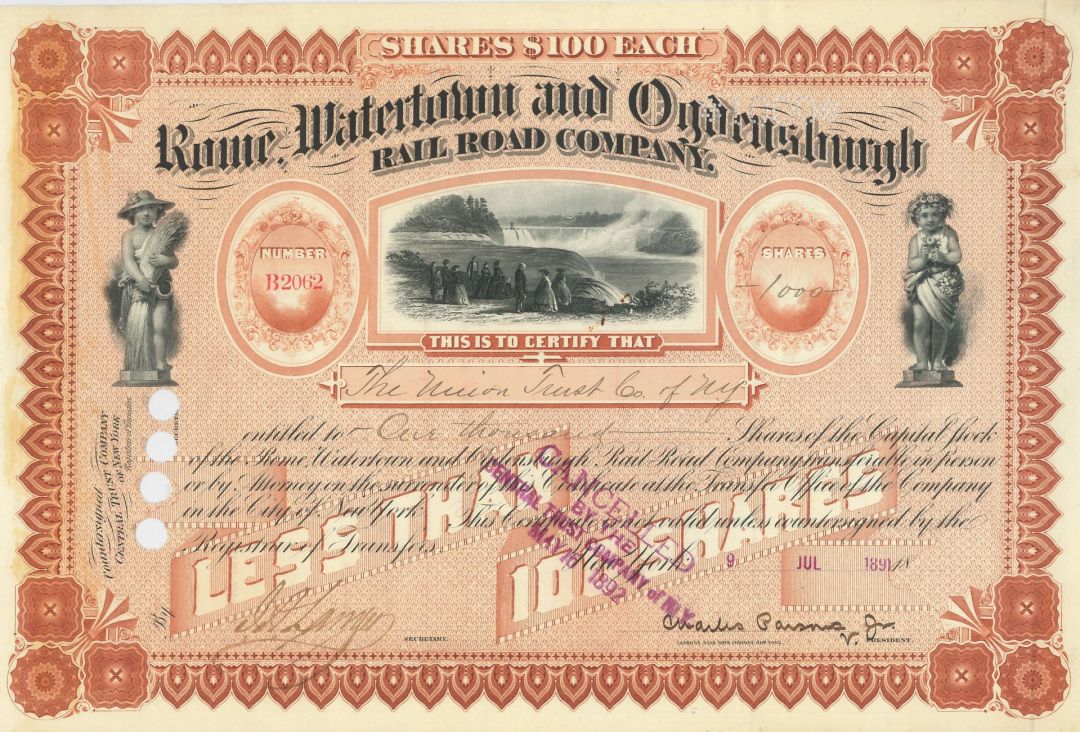 Rome, Watertown and Ogdensburgh Railroad Co. - Railway Stock Certificate