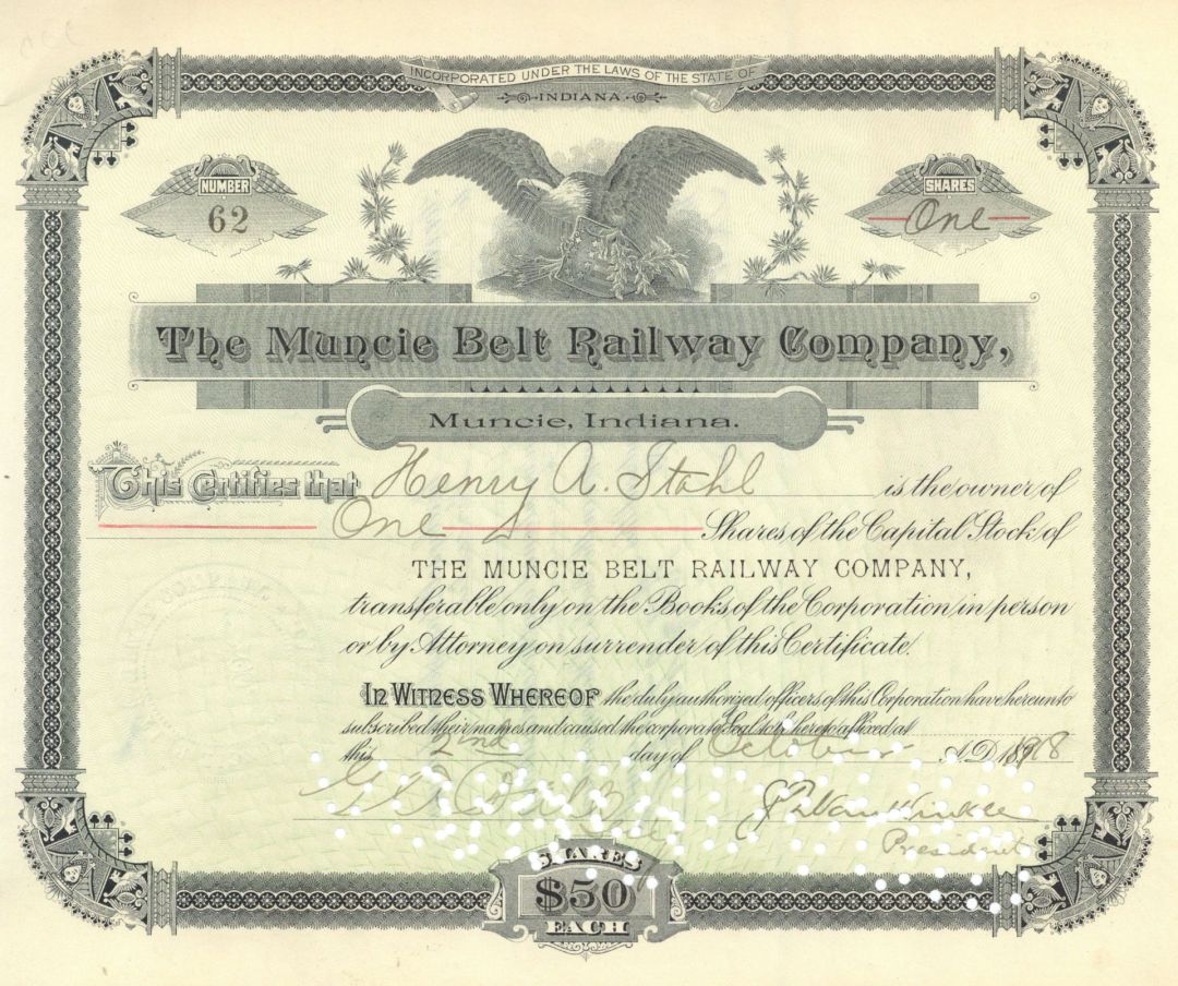 Muncie Belt Railway Co. - 1894-1905 dated Indiana Railroad Stock Certificate