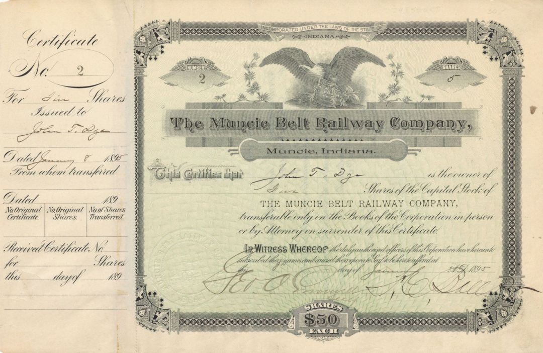 Muncie Belt Railway Co. - 1895 dated Indiana Railroad Stock Certificate - Serial Number 2