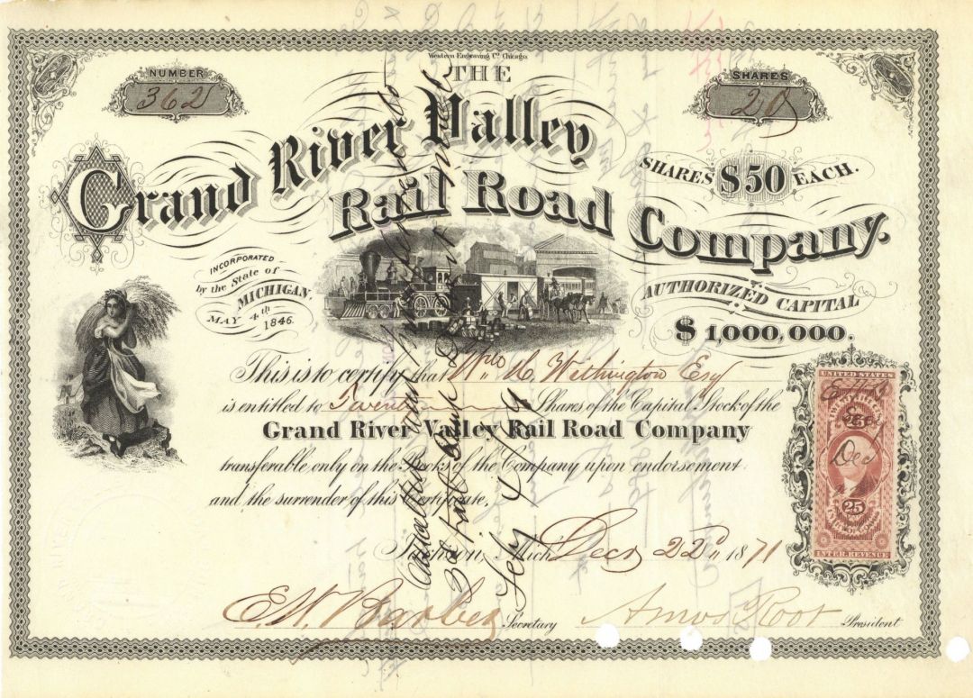 Grand River Valley Railroad Co. - Michigan Railway Stock Certificate