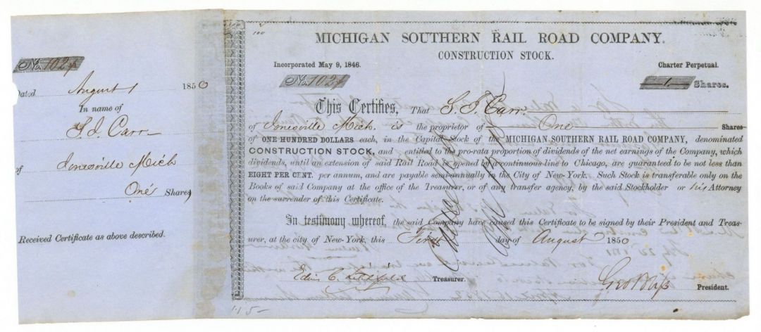 Michigan Southern Rail Road Co. - Stock Certificate