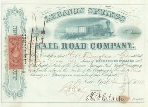 Lebanon Springs Rail Road Co. - Vermont, New York & New Jersey 1868 dated Railway Stock Certificate