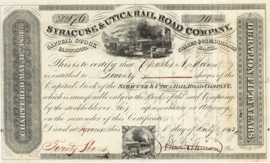 Syracuse and Utica Railroad Co.- 1842 dated Railway Stock Certificate