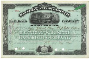 10,000 Shares of Hannibal and St. Joseph Railroad Co. - Fully Issued Stock Certificate - Extremely Rare