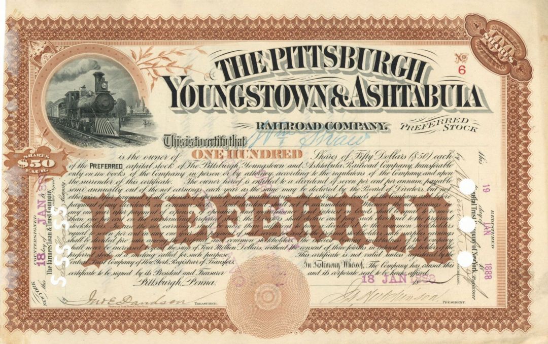 Pittsburgh, Youngstown and Ashtabula Railroad Co. - Stock Certificate