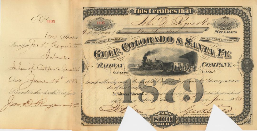 Gulf, Colorado and Sante Fe Railway Co. - 1880's dated Texas Railroad Stock Certificate