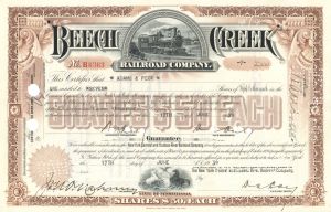 Beech Creek Railroad Co. - 1930's-60's dated Railway Stock Certificate