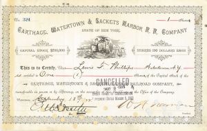 Carthage, Watertown & Sackets Harbor Railroad - Railway Stock Certificate