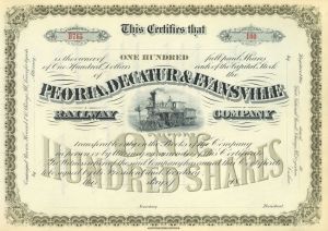 Peoria, Decatur and Evansville Railway Co. - circa 1880's Unissued Railroad Stock Certificate - Gorgeous