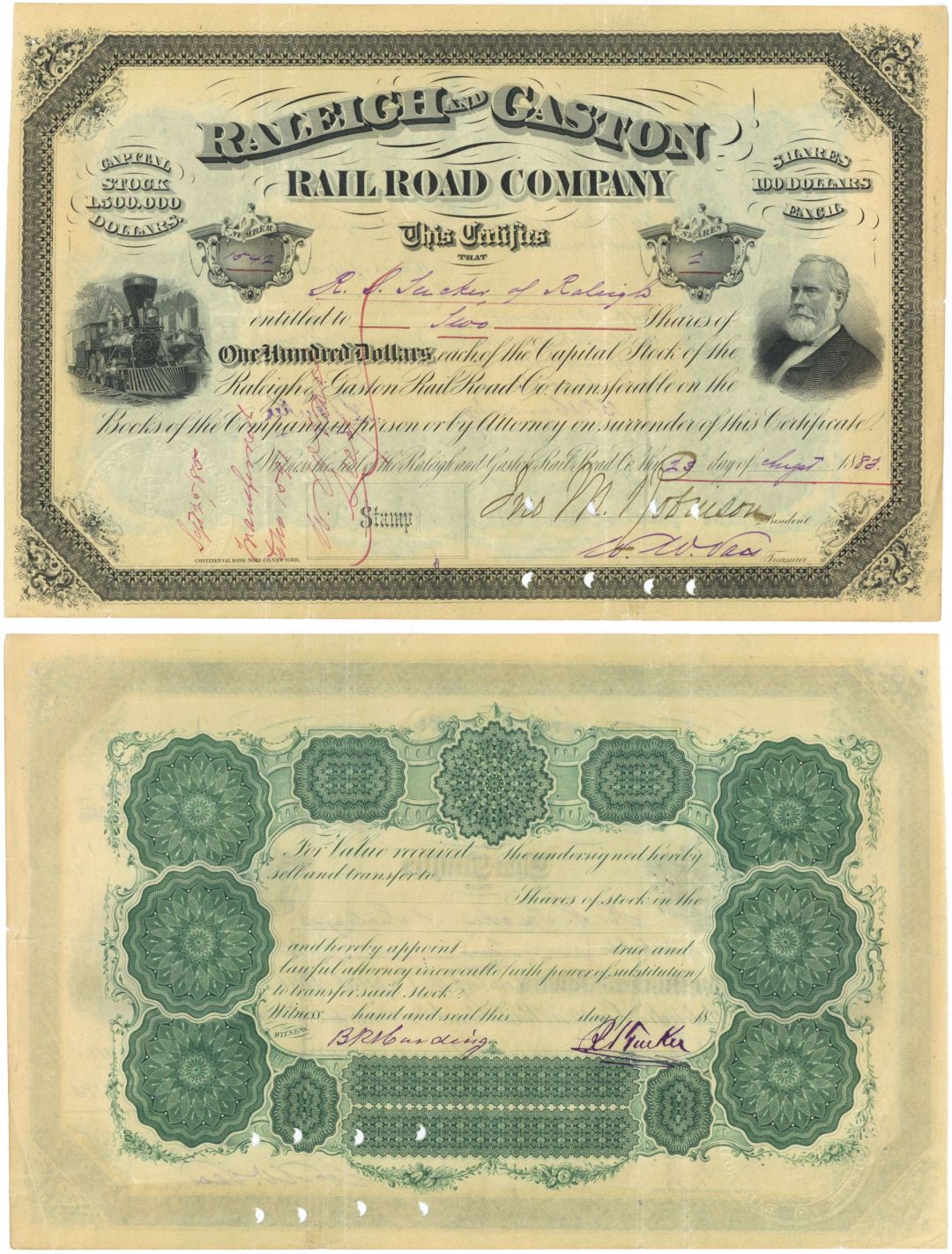 Raleigh and Gaston Railroad - 1867-84 dated North Carolina Railway Stock Certificate - Front and Back Shown