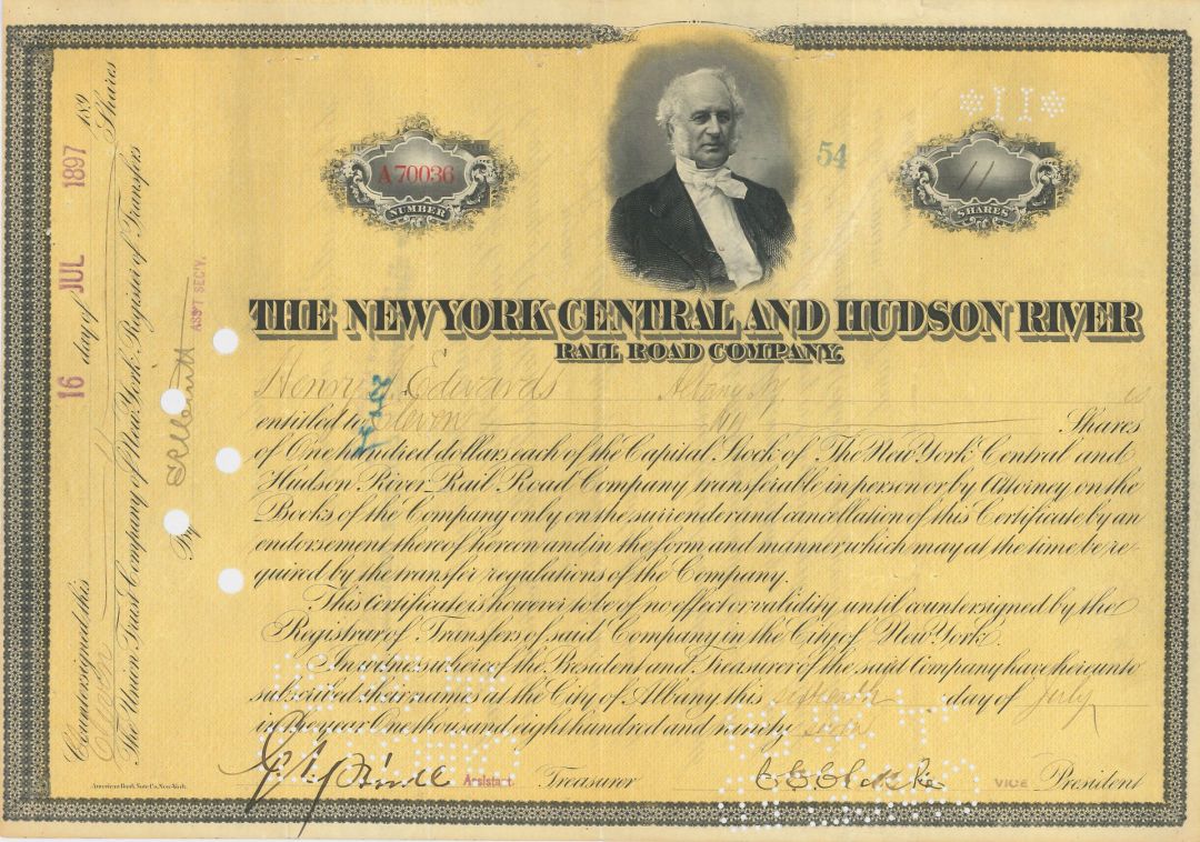 New York Central and Hudson River Railroad Co. - Rare Variety Stock Certificate