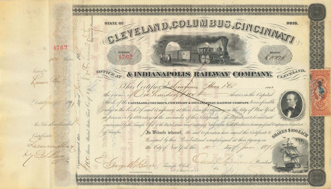 Cleveland, Columbus, Cincinnati and Indianapolis Railway Co. - Stock Certificate