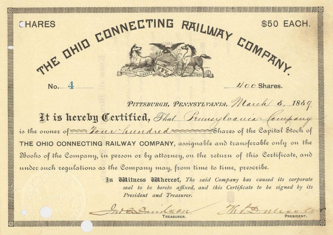 Ohio Connecting Railway Co. - 1889-1901 dated Railroad Stock Certificate