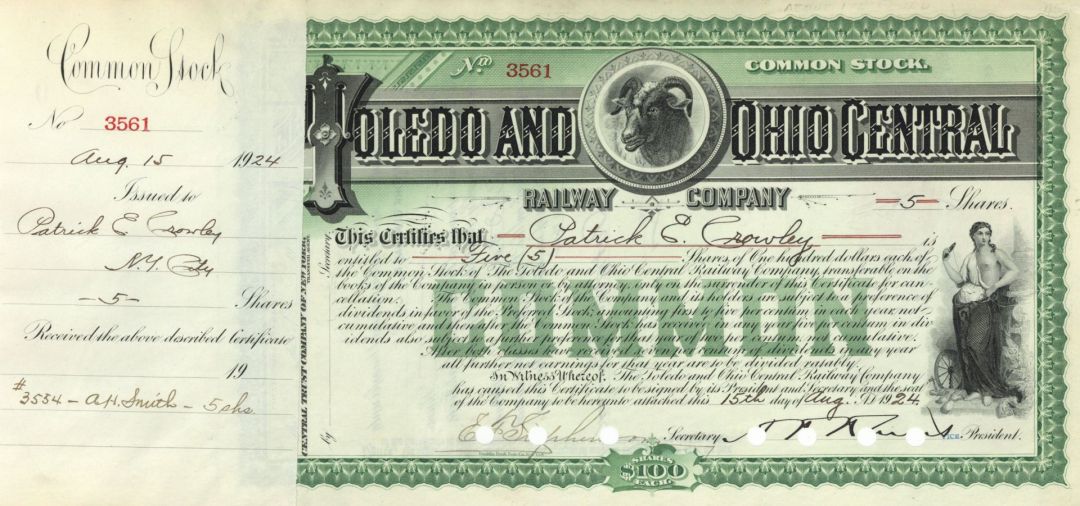 Toledo and Ohio Central Railway Co. - Stock Certificate