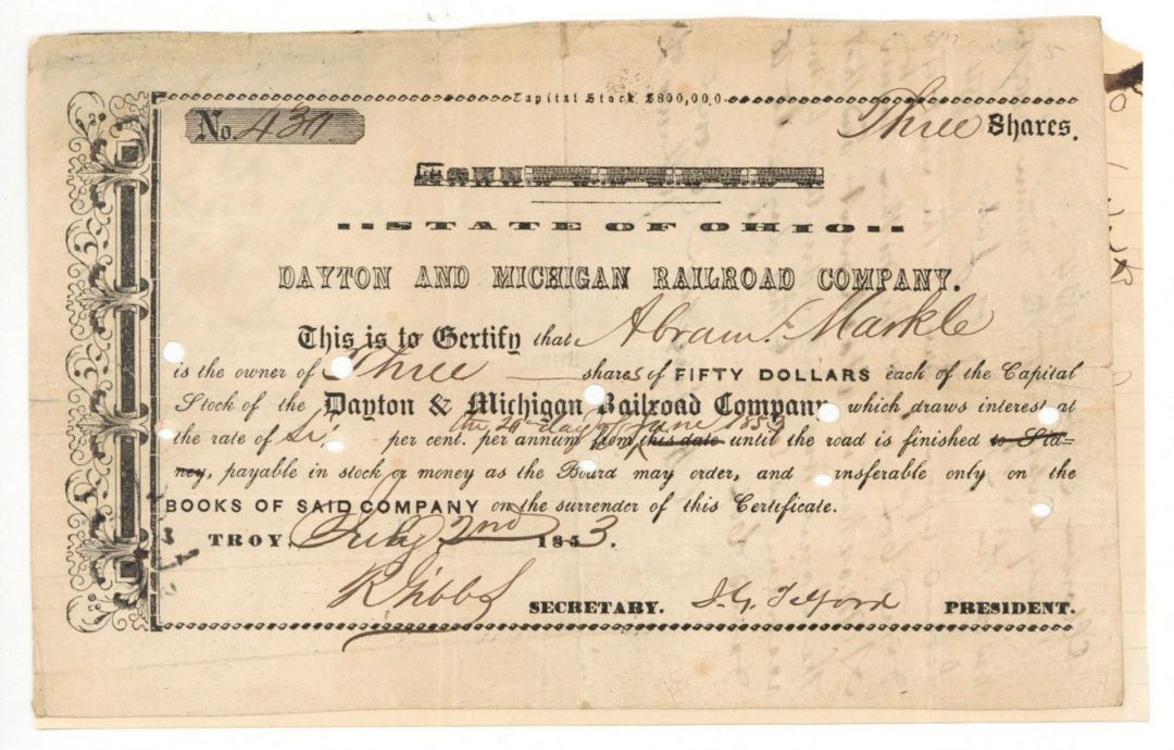 Dayton and Michigan Railroad Co. - Stock Certificate