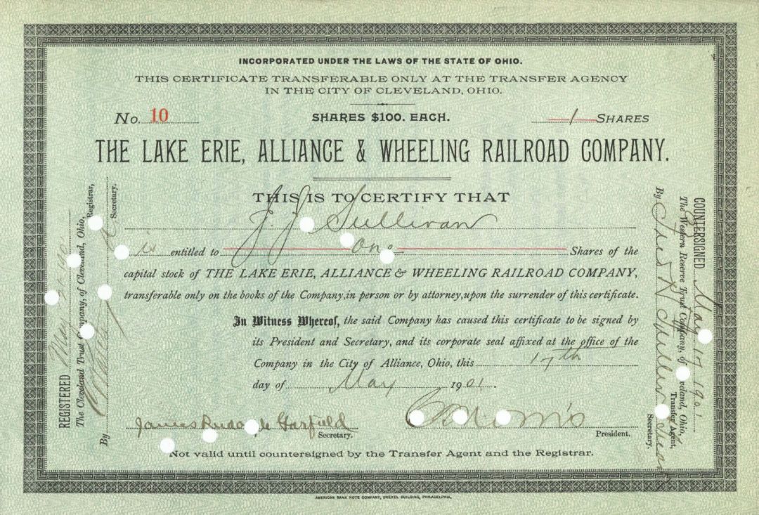 Lake Erie, Alliance and Wheeling Railroad Co. - Stock Certificate