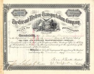 Erie and Western Transportation Company, State of Pennsylvania - 1887 or 1892 dated Stock Certificate