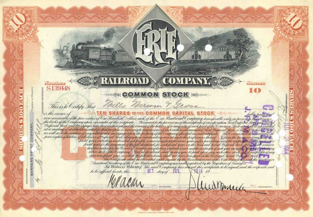 Erie Railroad Co. - Railway Stock Certificate - Gorgeous Design