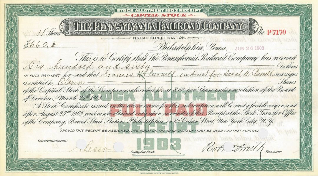 Pennsylvania Railroad Co. - Stock Certificate