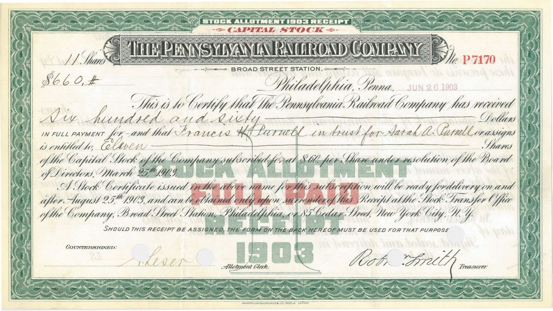 Pennsylvania Railroad Co. - Stock Certificate