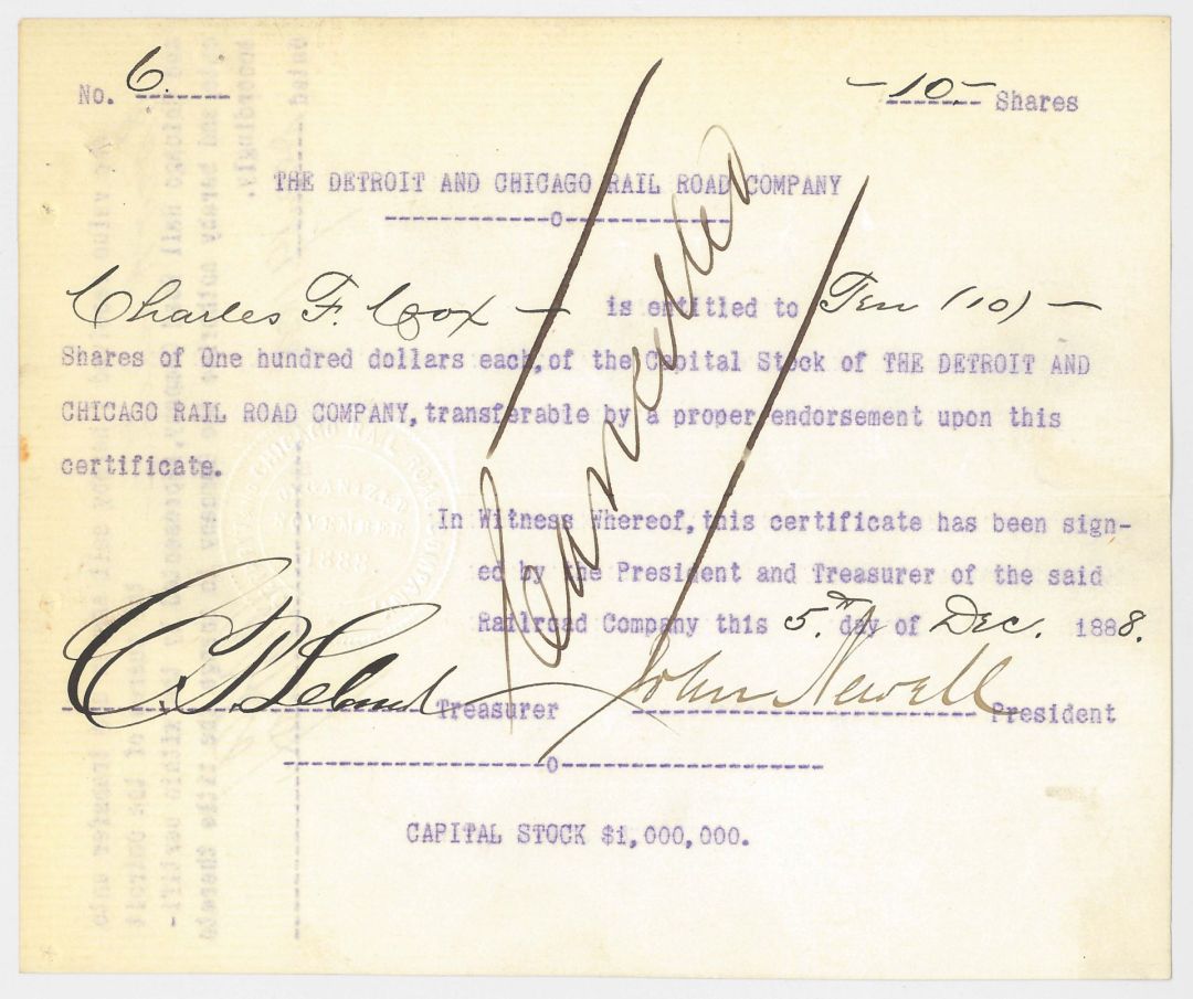 Detroit and Chicago Rail Road Co. - Stock Certificate