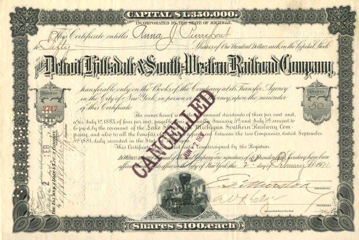 Detroit, Hillsdale and South-Western Railroad Co. - Stock Certificate