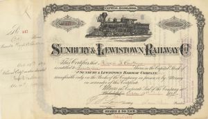 Sunbury and Lewistown Railway Co. - 1890-1895 Stock Certificate